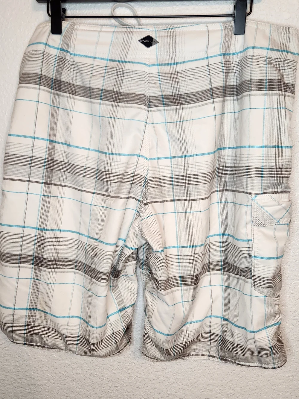 O'neill plaid board shorts men size 36 gray white turquoise swin trunks